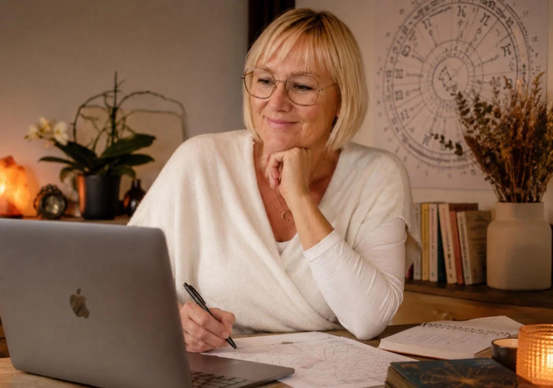 Gail werkt aan een persoonlijke verdiepings consultatie aan haar bureau, met een geboortehoroscoop naast zich